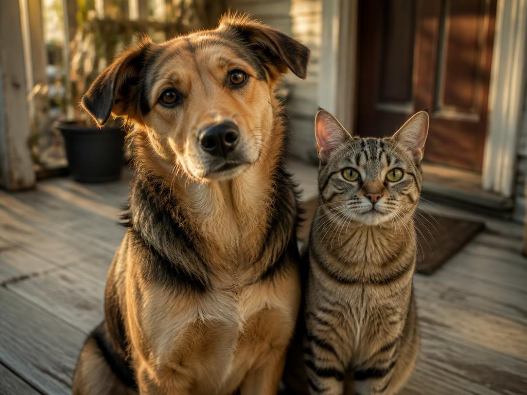 A rescue dog and a tabby cat sitting together on a porch