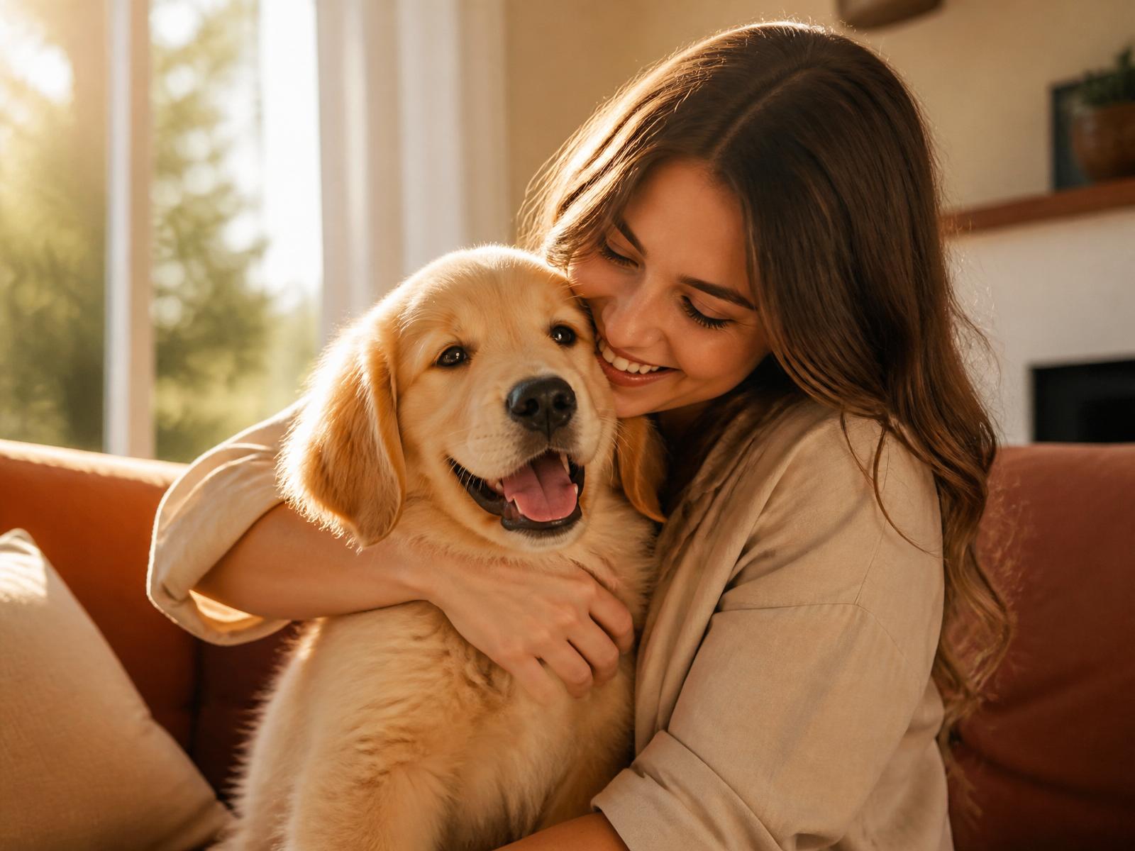 A person warmly hugging a golden retriever puppy in a sunlit home.