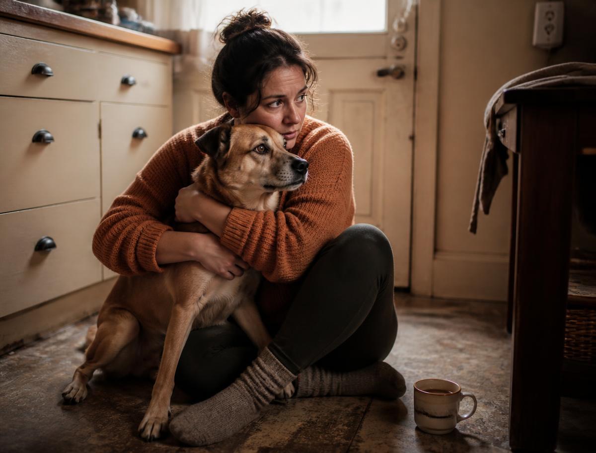 A woman sitting on her kitchen floor holding her dog close